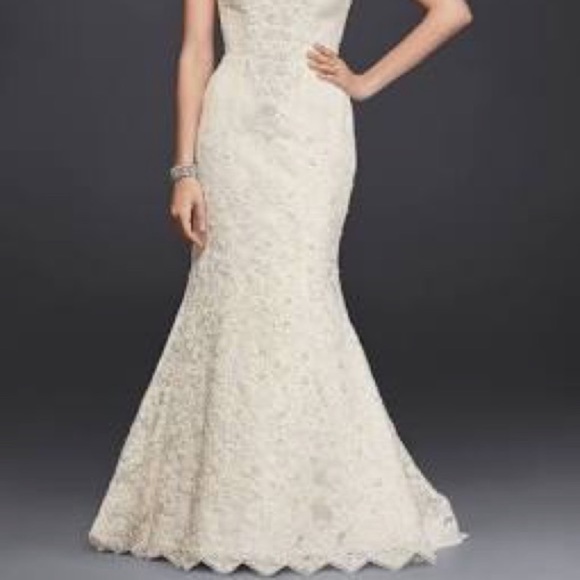 Oleg Cassini strapless sweetheart beaded lace trumpet ivory dress 10P - Picture 3 of 6